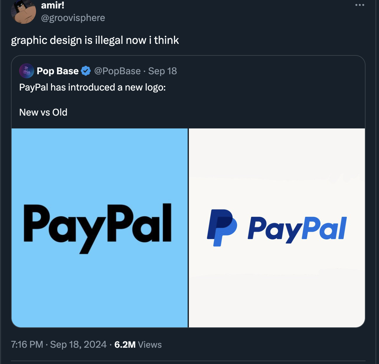 screenshot - amir! graphic design is illegal now i think Pop Base Sep 18 PayPal has introduced a new logo New vs Old PayPal PayPal P 6.2M Views